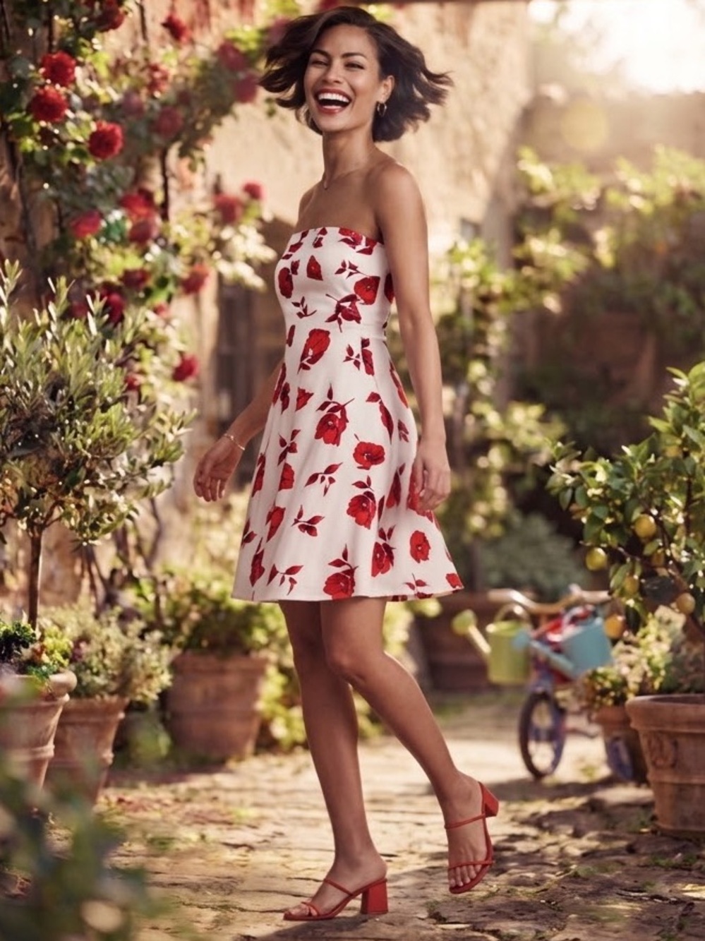 Japna Strapless White Dress with Red Floral Print